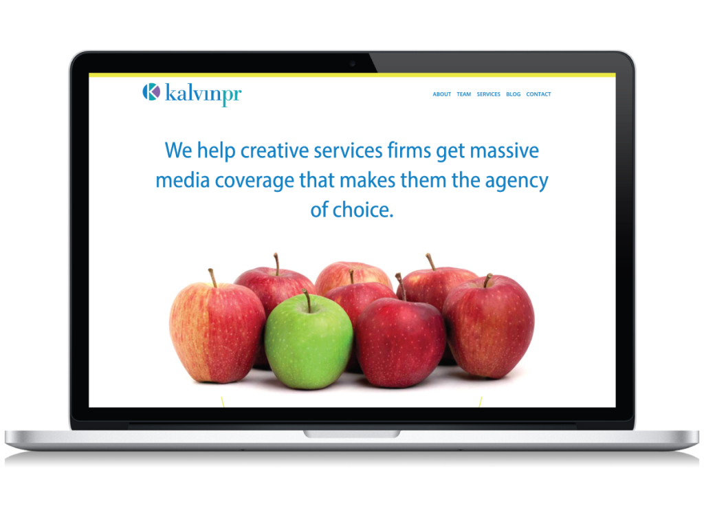 An open laptop computer displaying the Kalvin Public Relations website home page